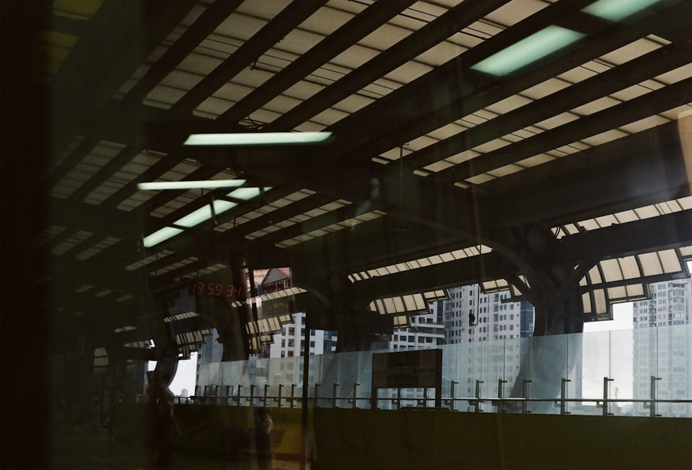 a view of a train station through a window