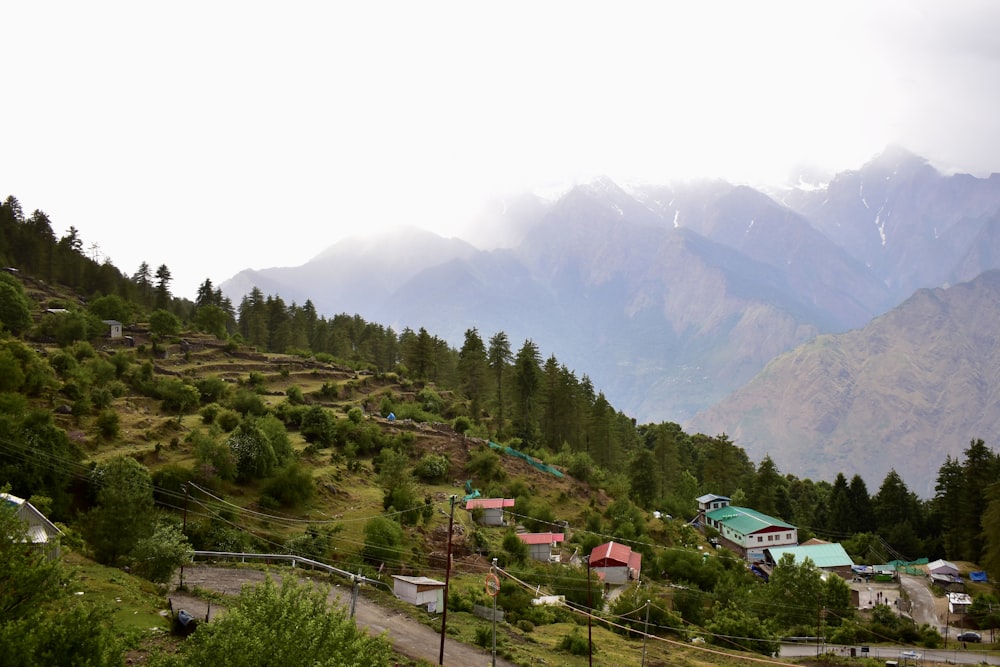 a scenic view of a mountain with houses on it