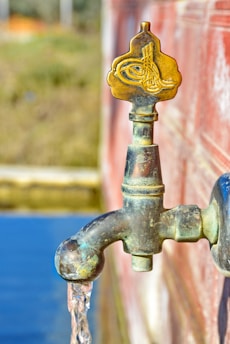 An ornate metal water tap with intricate engravings is mounted on a red textured wall. Water is flowing from the tap into a basin or pool, with blurred green scenery in the background.