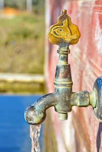 An ornate metal water tap with intricate engravings is mounted on a red textured wall. Water is flowing from the tap into a basin or pool, with blurred green scenery in the background.