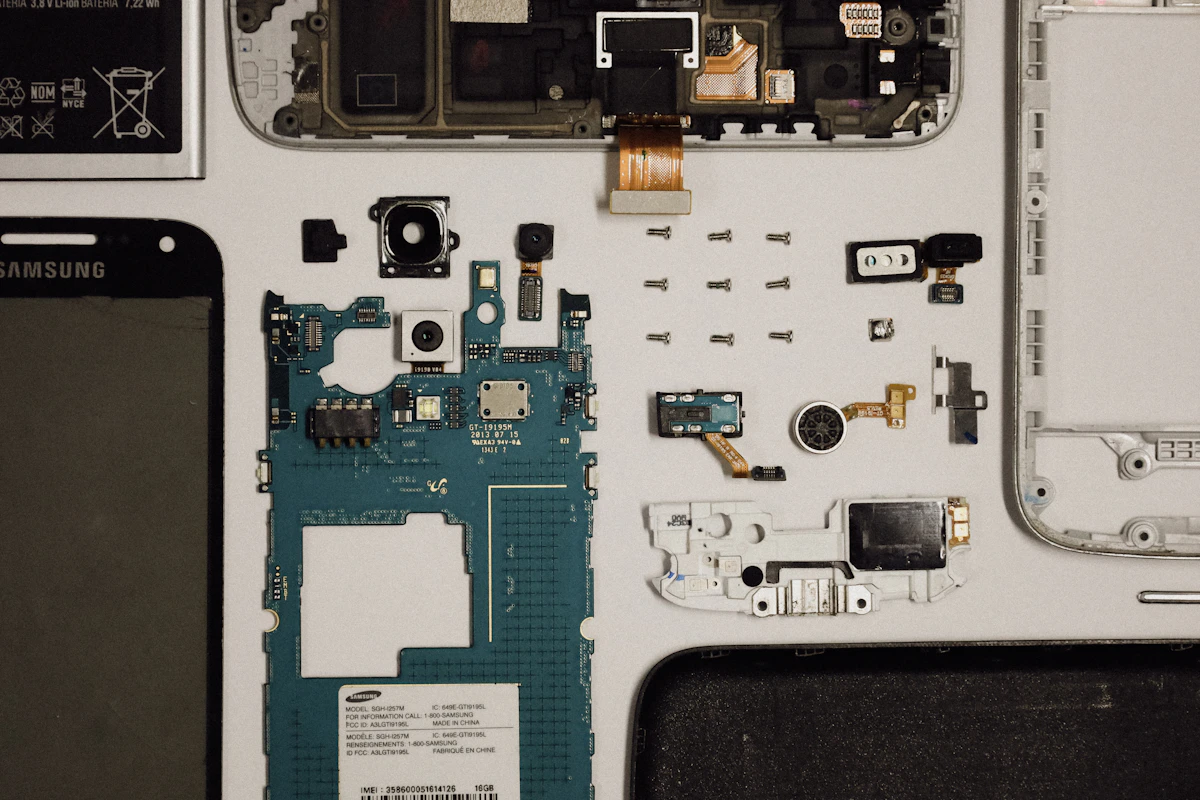Spare parts and tools for repairing a smartphone on a workbench