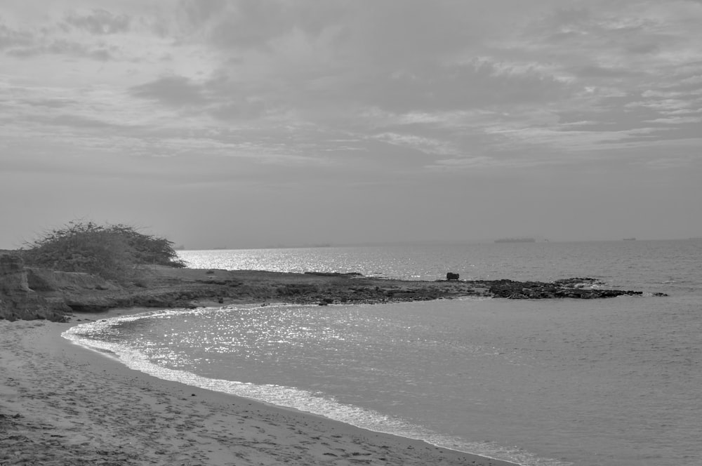 a black and white photo of a beach