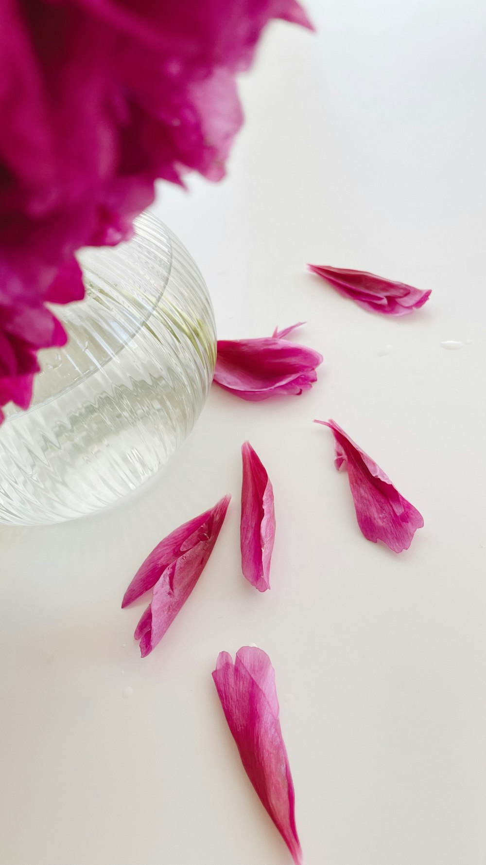 a glass vase filled with pink flowers on top of a table