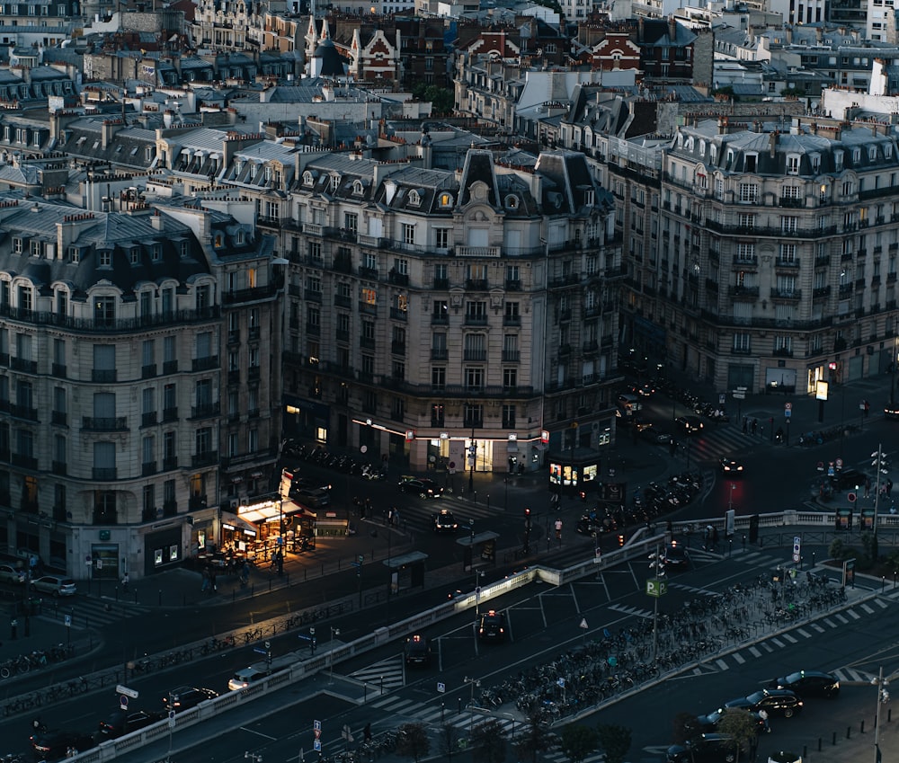 an aerial view of a city at night