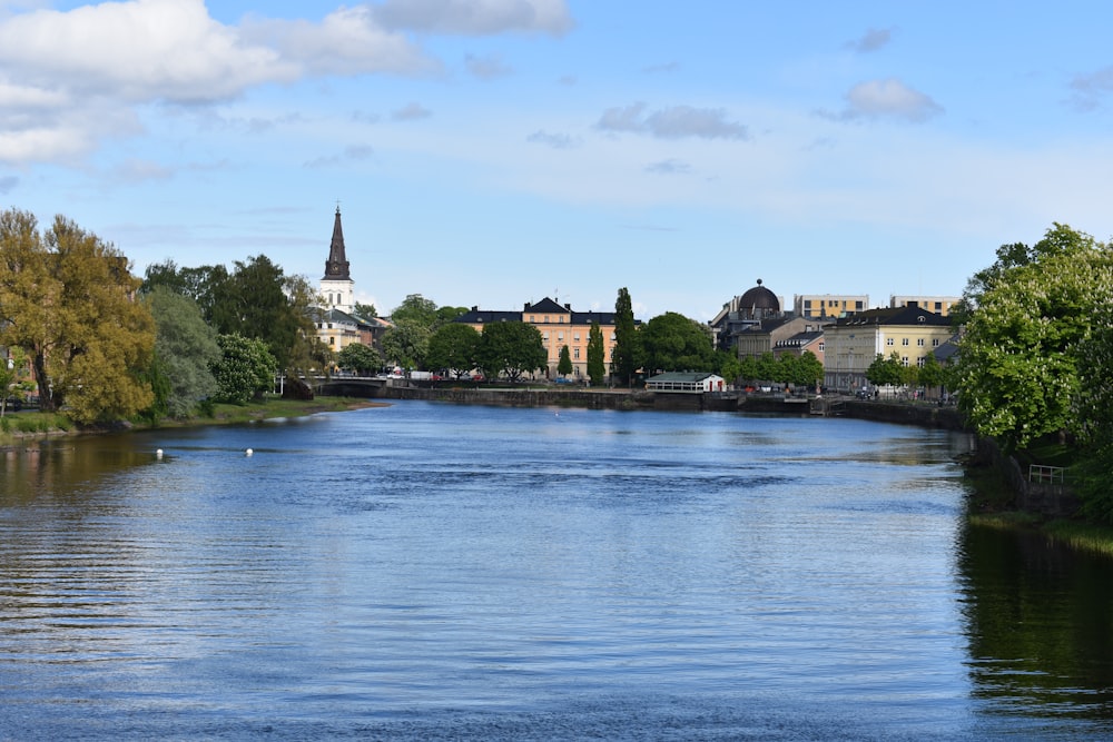 a body of water surrounded by trees and buildings