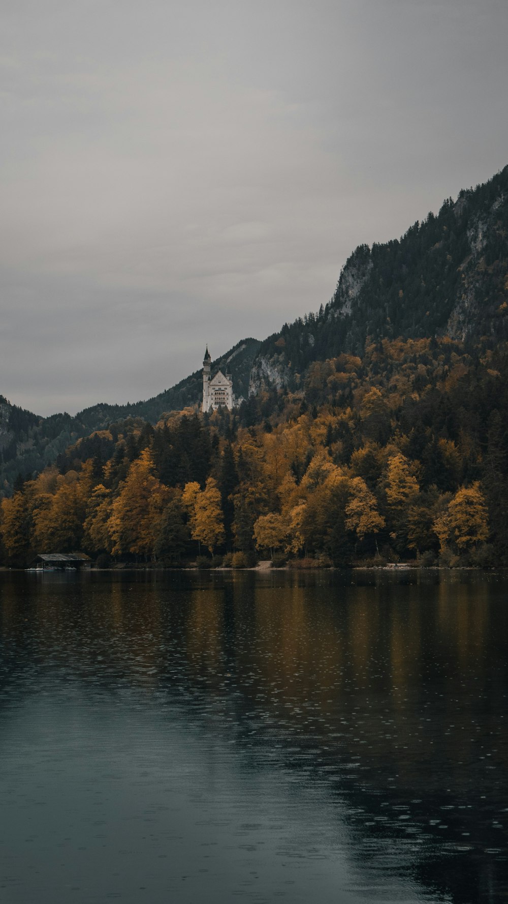 a castle sits on a hill above a body of water