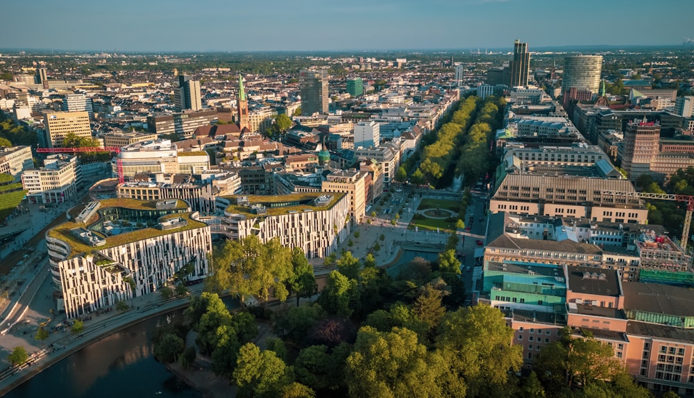 an aerial view of a city with a river running through it