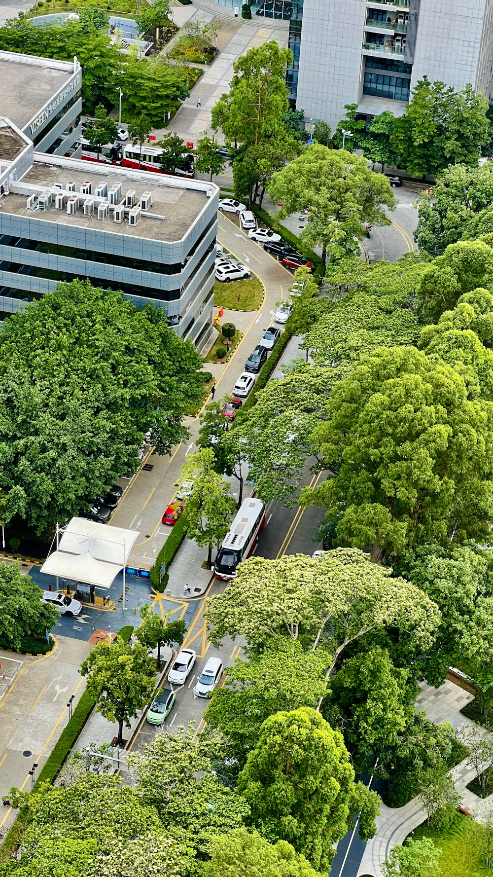 an aerial view of a city street with trees and buildings