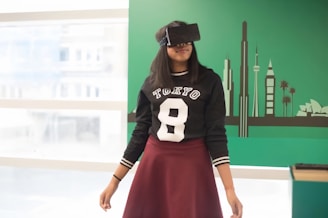 a woman wearing a skirt and a sweater with a hat on her head
