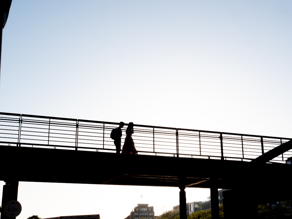 a couple of people walking across a bridge