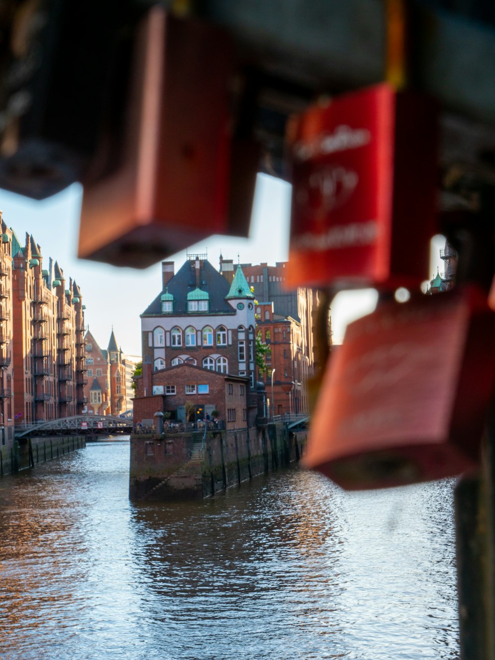 a view of a river with buildings in the background