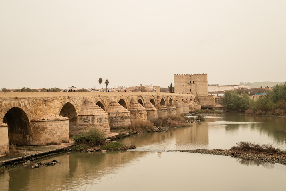 a stone bridge over a river with a castle in the background