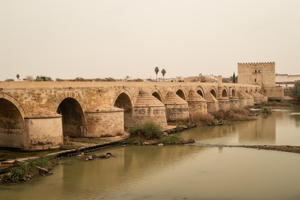 a stone bridge over a river with a castle in the background