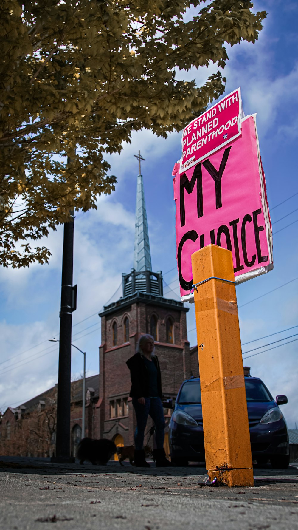 un cartello rosa seduto sul ciglio di una strada