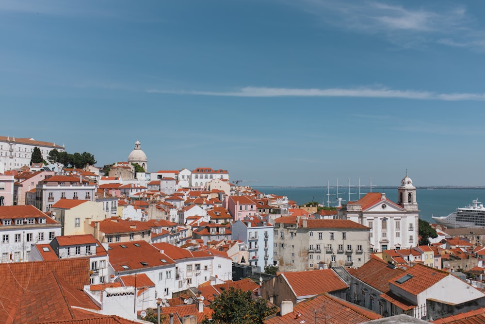 a view of a city with a cruise ship in the background