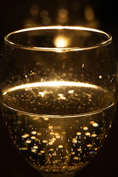 Close-up of a wine glass catching light beside a gourmet plate.