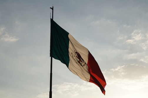A large flag with vertical stripes of green, white, and red is waving on a pole against a backdrop of a partly cloudy sky. The flag features a central emblem with an eagle perched on a cactus, holding a snake.