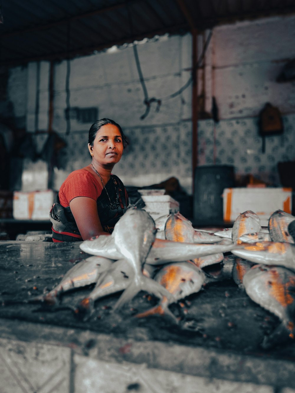 a woman sitting in front of a bunch of fish