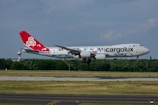 A large cargo airplane is captured mid-flight against a backdrop of trees and a clear sky. The aircraft features distinctive artwork on its fuselage and a bright red tailfin with a geometric logo. The landing gear is extended as it prepares for landing on a nearby runway.