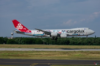 A large cargo airplane is captured mid-flight against a backdrop of trees and a clear sky. The aircraft features distinctive artwork on its fuselage and a bright red tailfin with a geometric logo. The landing gear is extended as it prepares for landing on a nearby runway.