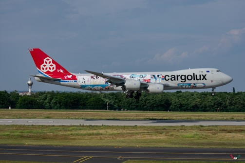 A large cargo airplane is captured mid-flight against a backdrop of trees and a clear sky. The aircraft features distinctive artwork on its fuselage and a bright red tailfin with a geometric logo. The landing gear is extended as it prepares for landing on a nearby runway.