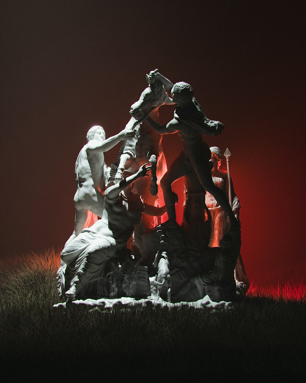 a sculpture of a man and a woman fighting over a fire hydrant