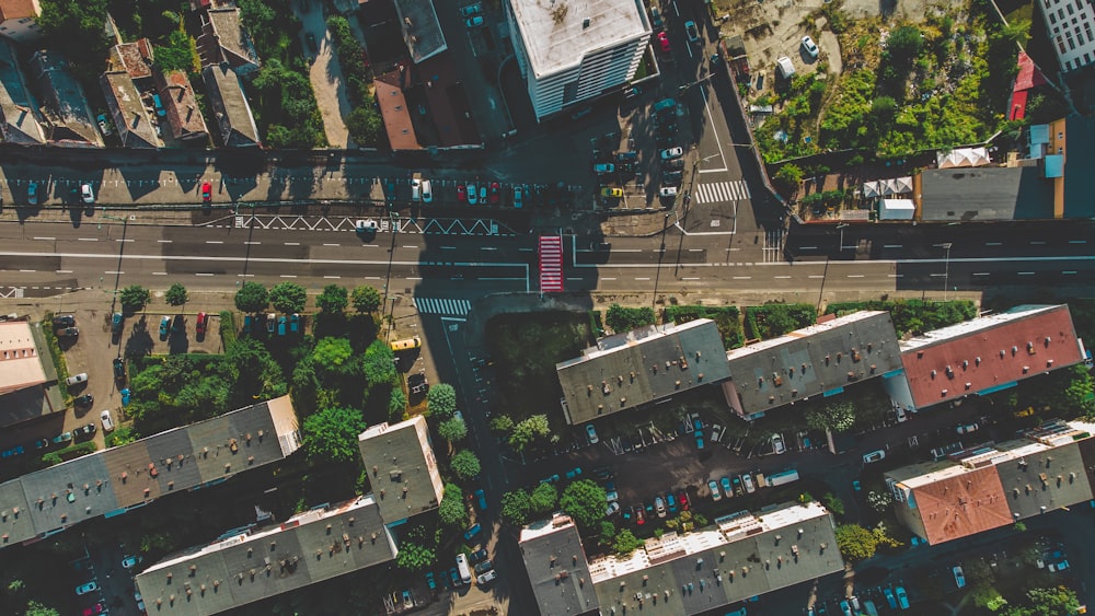 an aerial view of a city street and buildings