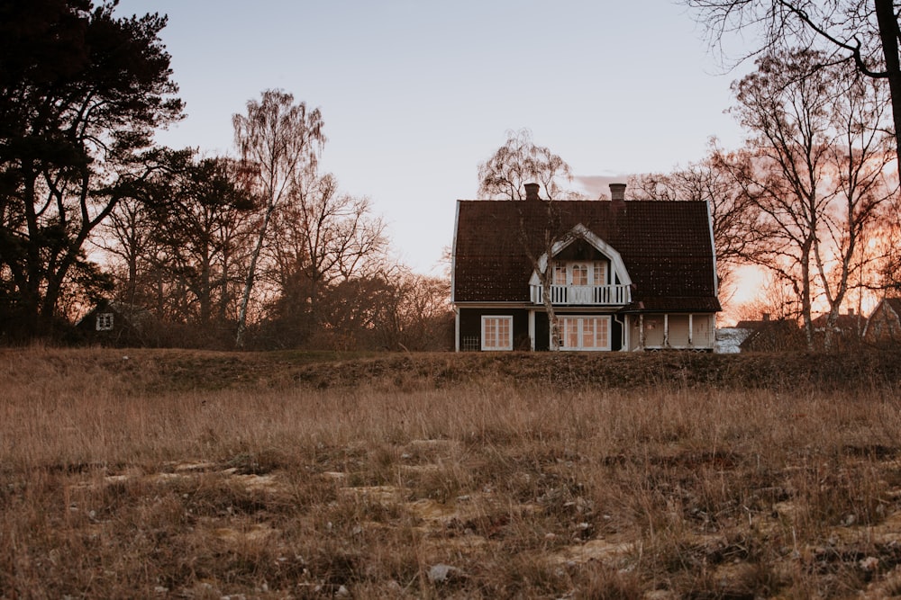 a house in a field with trees in the background