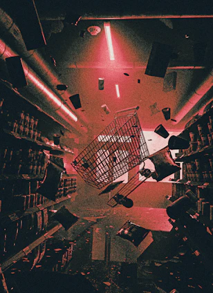 a shopping cart in a library filled with books
