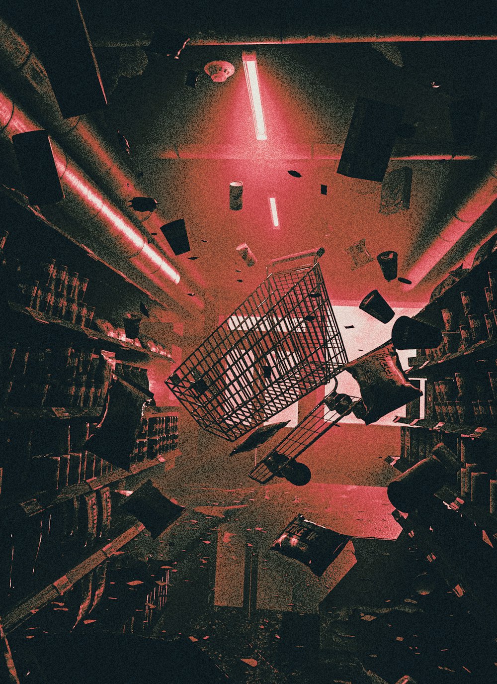 a shopping cart in a library filled with books
