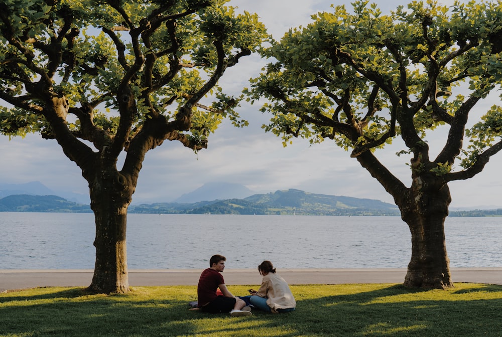 a couple of people sitting on top of a lush green field