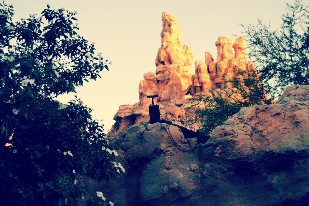 a view of a rock formation with trees in the foreground