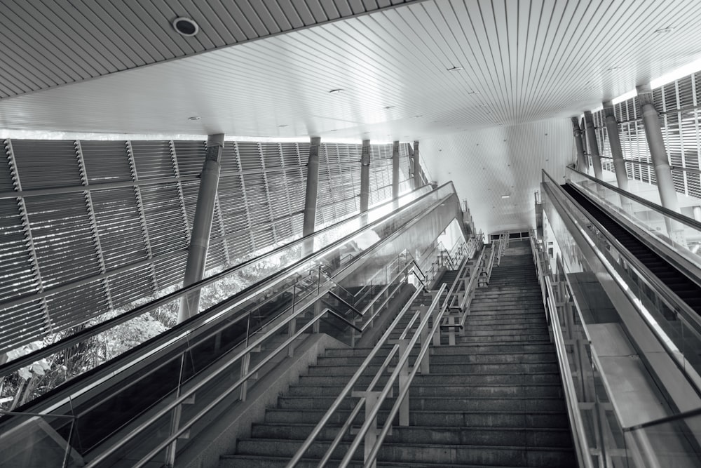 a black and white photo of an escalator