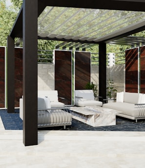 a white couch sitting under a wooden structure