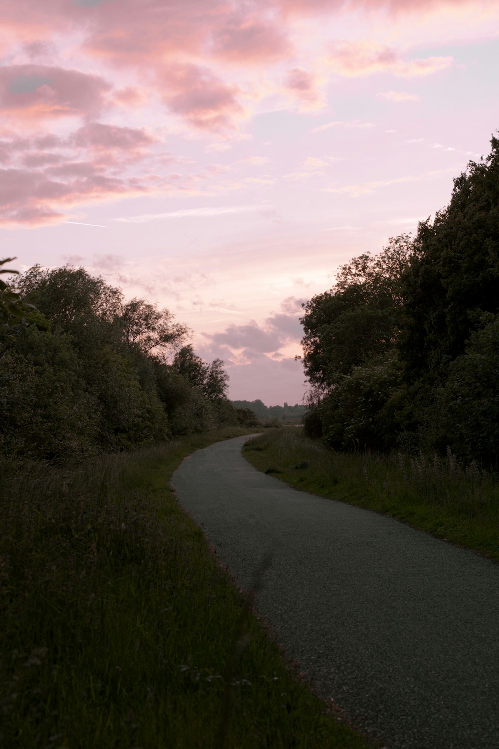 a paved road in the middle of a grassy field