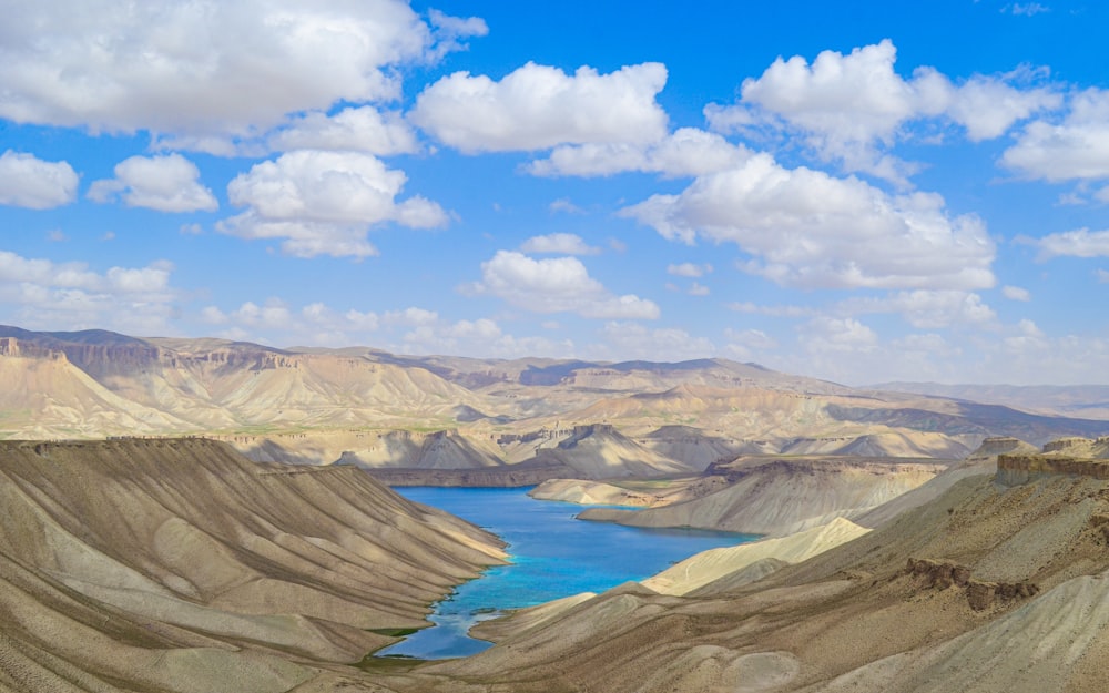 a lake surrounded by mountains under a blue sky