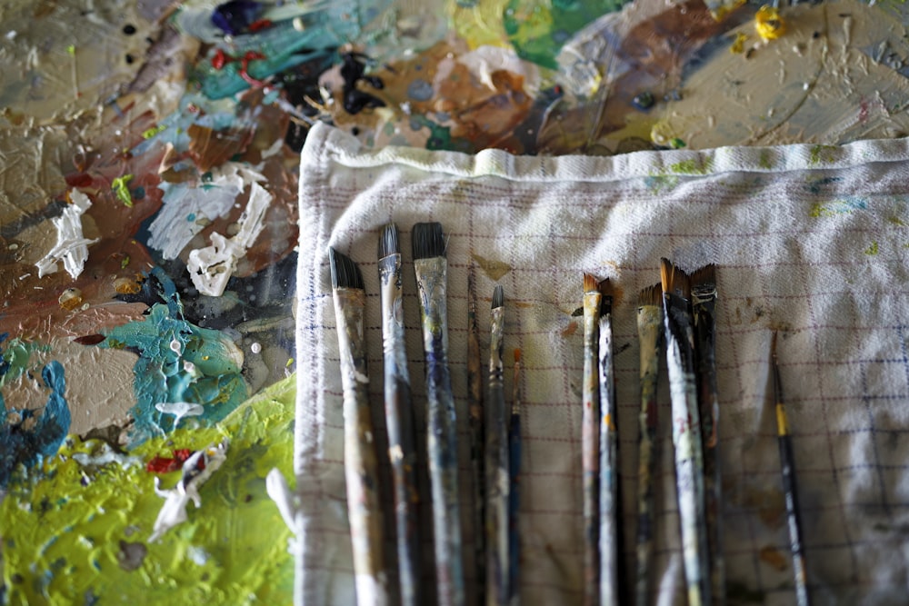 a bunch of paint brushes sitting on top of a piece of cloth