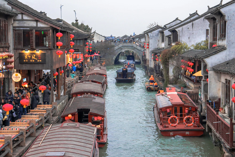 Canal boats under red lanterns, Suzhou