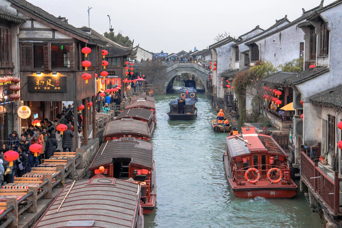 Canal boats under red lanterns, Suzhou