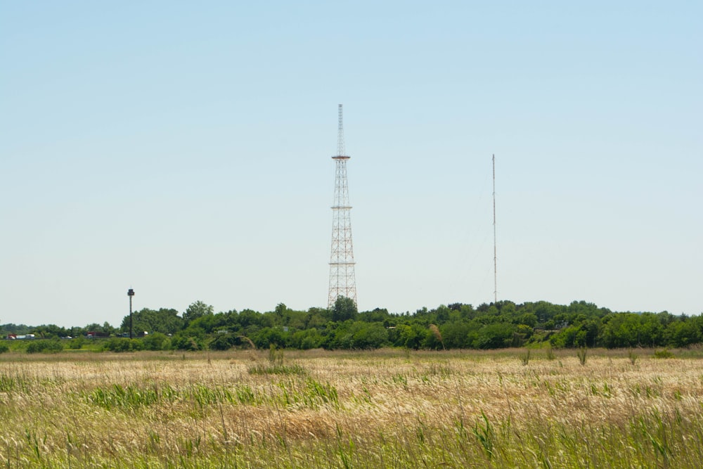 Un campo con una torre de radio en la distancia