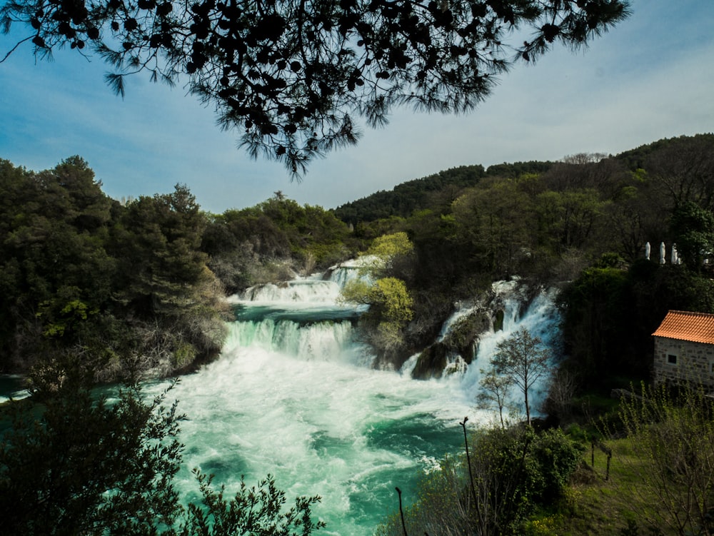 a river that has a waterfall in the middle of it