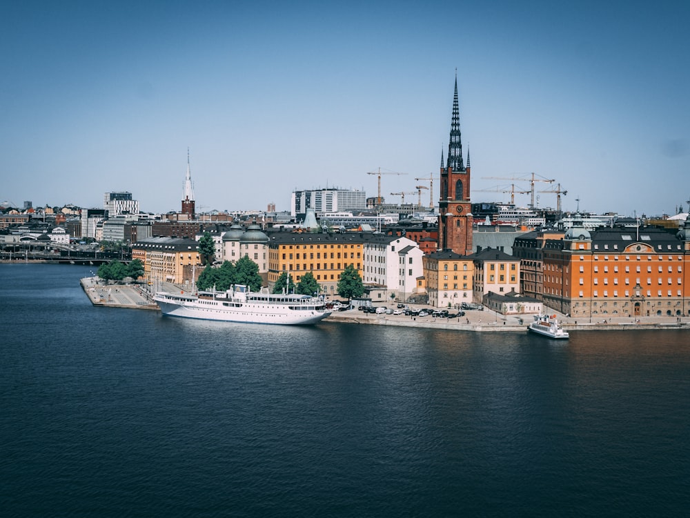 a large body of water with a city in the background