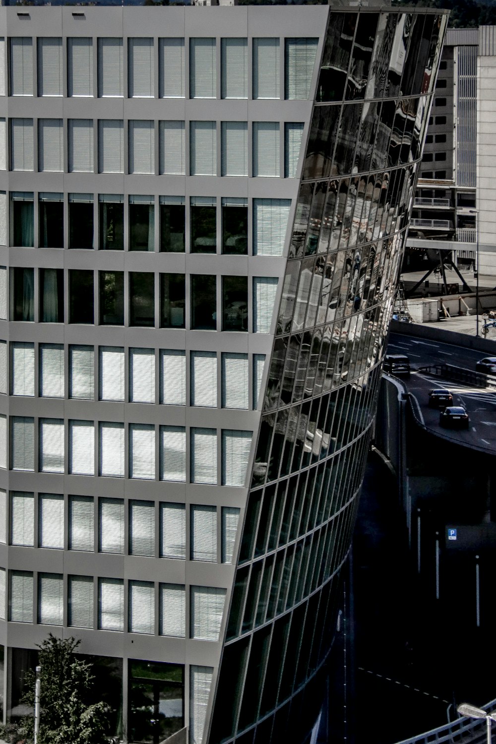 a very tall building with a triangular roof