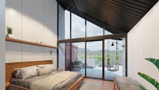 Modern bedroom with sleek horizontal blinds partially open to reveal greenery outside.