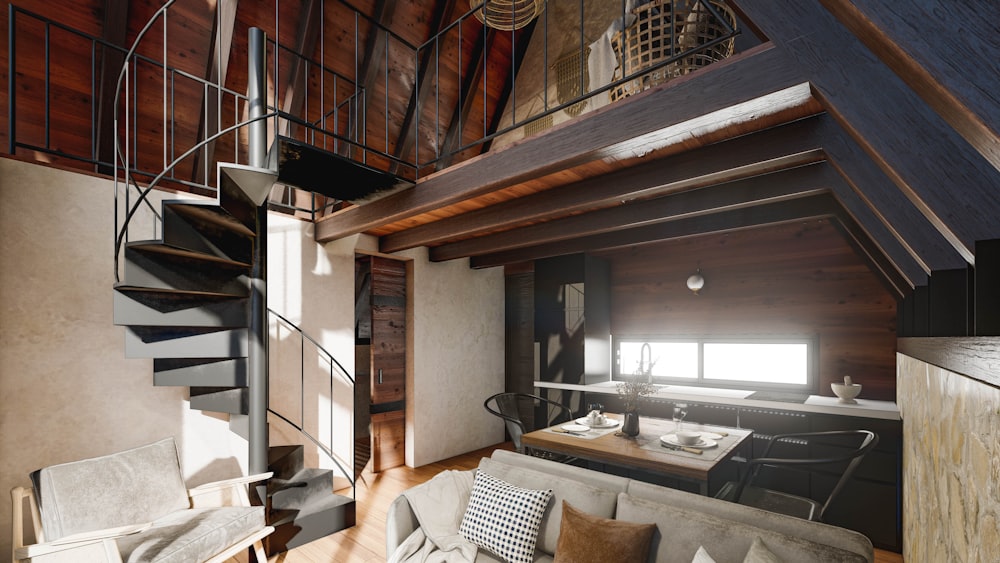 a living room with a spiral staircase next to a kitchen