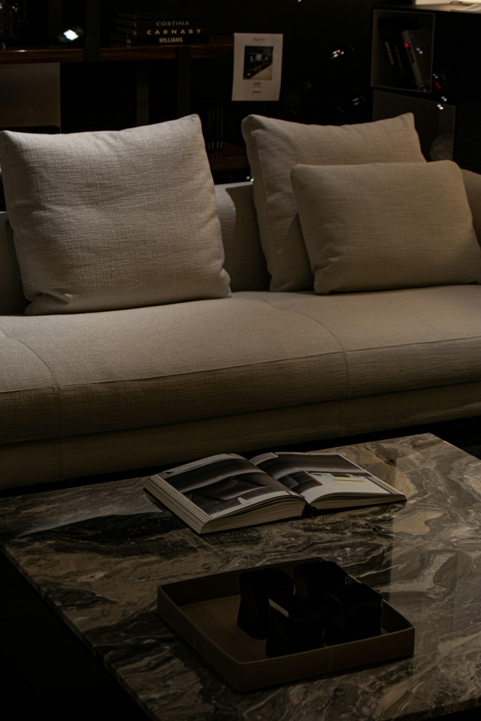 a living room with a couch and a table