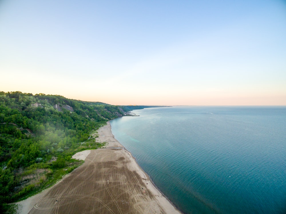 an aerial view of a beach and a body of water