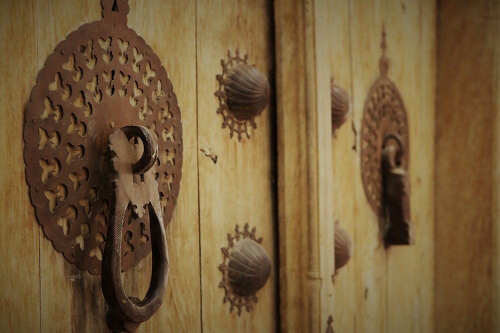 a close up of a door handle on a wooden door