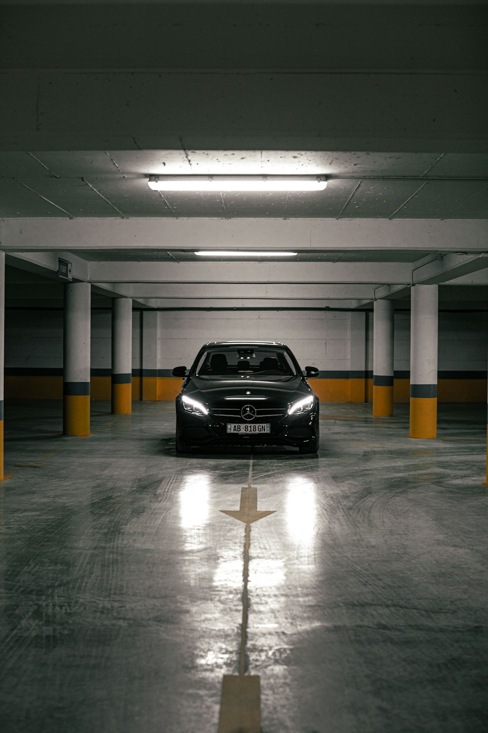 a car is parked in a parking garage