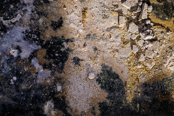 A textured surface with a mix of dark and light areas, featuring scattered stones and debris. The surface is rough and uneven, with colors shifting from dark black patches to dusty browns and yellows.